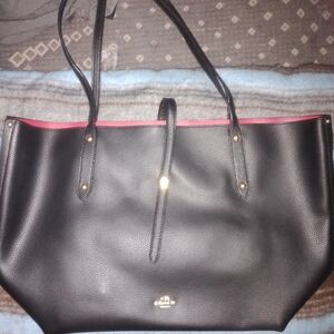 Coach Black Leather Tote With Red Interior